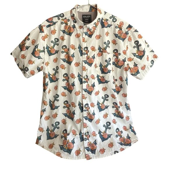 Alpha Beta Cotton Anchor Floral Collared Short Sleeve Button Down Shirt Men's L - Picture 1 of 6